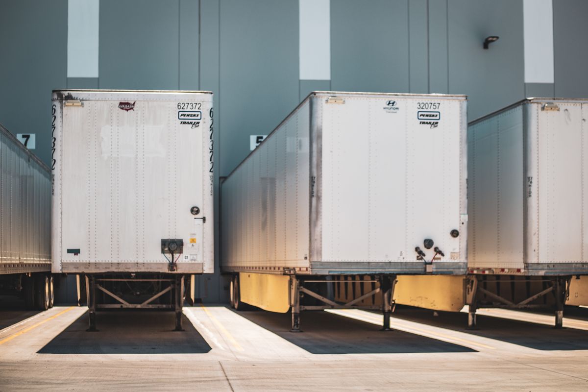 Freight trailers staged in a commercial trailer pool